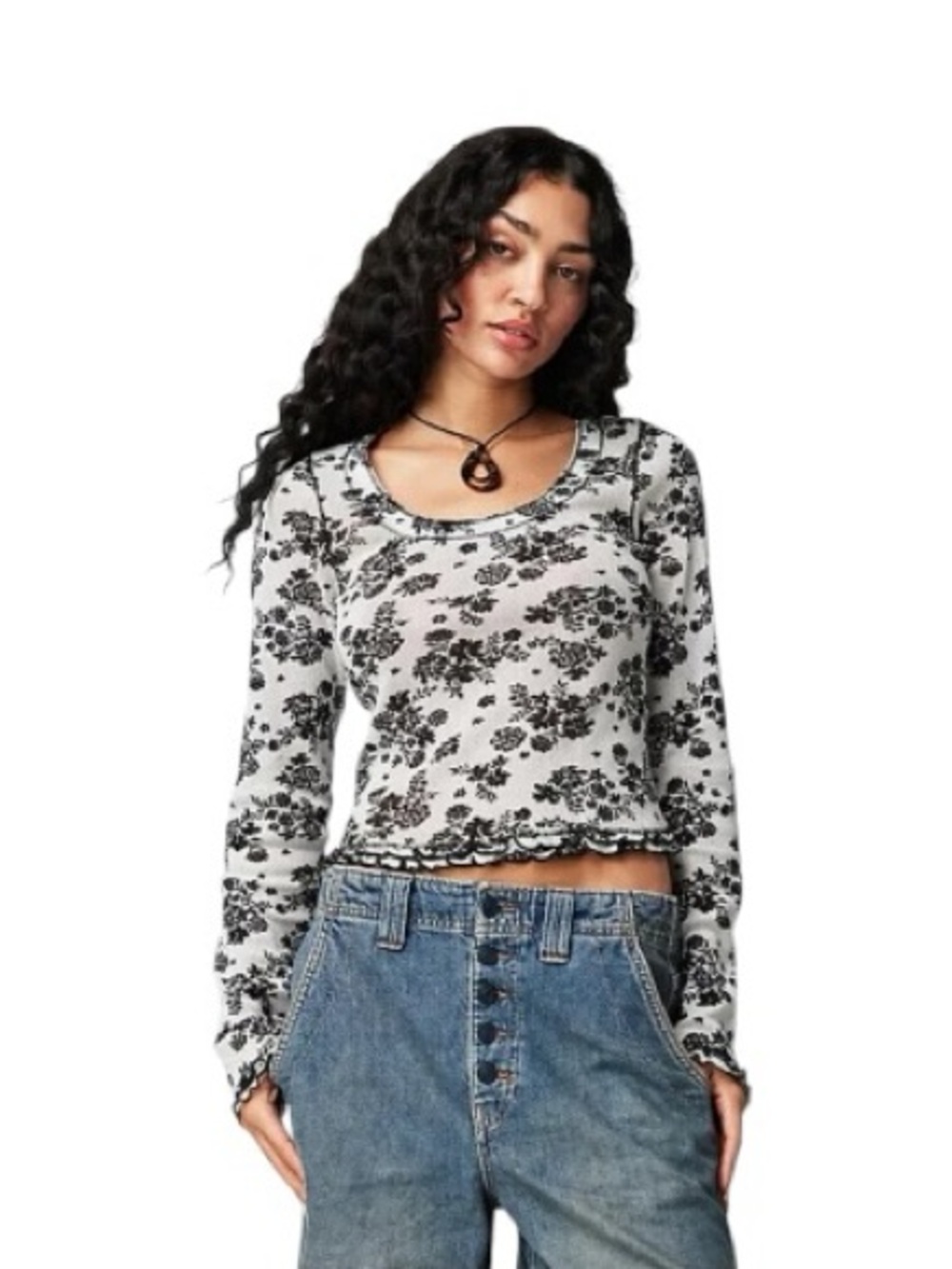ALTERED Free People Garner Long Sleeve Thermal Floral Ruffle size M